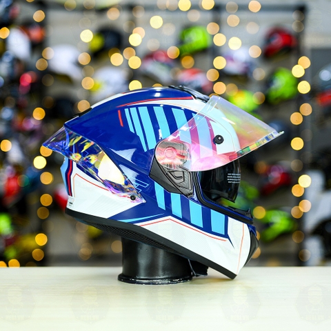 Mũ Fullface Yohe 981 Trắng Xanh Bóng + đuôi gió Pista GPRR + Kính Revo Cam FREESHIP