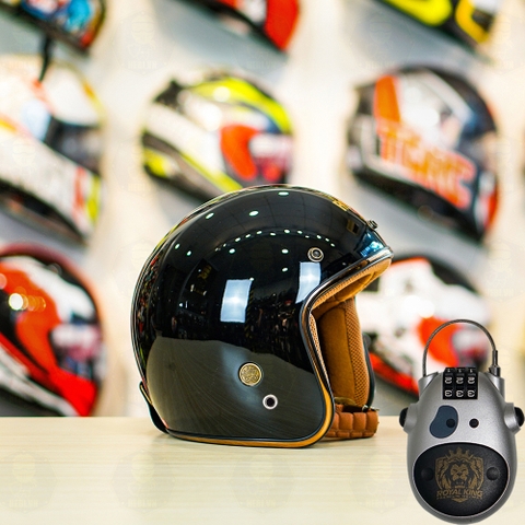 Combo Mũ 3/4 ROYAL M20c Đen Bóng Độ Khóa Chống Trộm