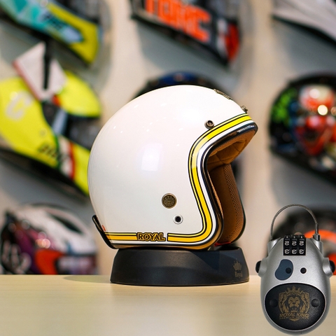 Combo Mũ 3/4 ROYAL M20c V5 Trắng Bóng Độ Khóa Chống Trộm