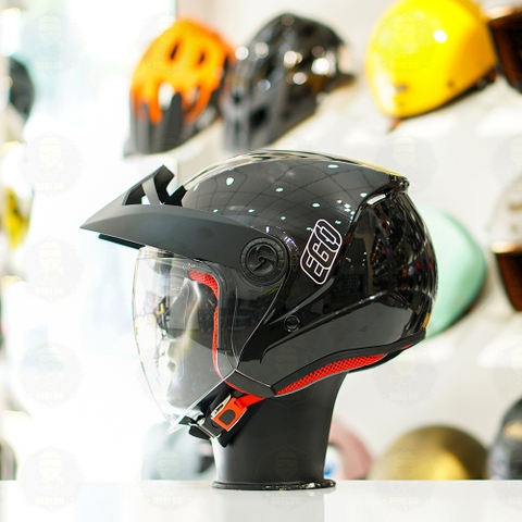 Mũ 3/4 EGO E2 Đen Bóng Mái Che Nắng FREESHIP