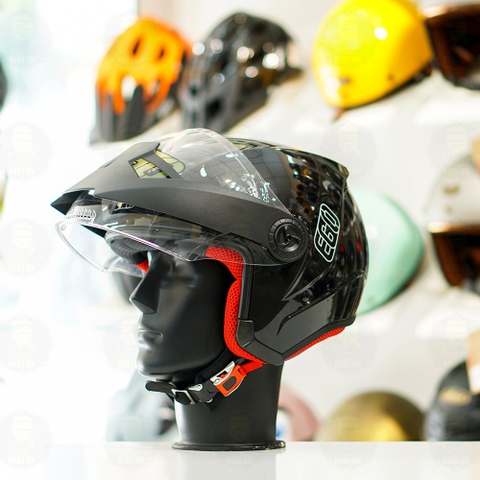 Mũ 3/4 EGO E2 Đen Bóng Mái Che Nắng FREESHIP