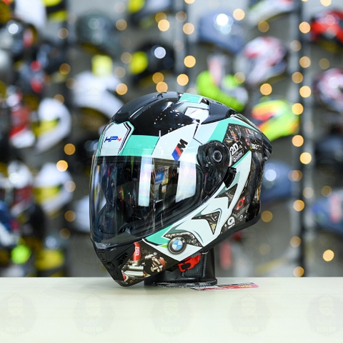 Mũ Fullface ROC R11 Pro Đen Bóng + Dán Tem Decal BMW HP4 Xanh Ngọc FREESHIP