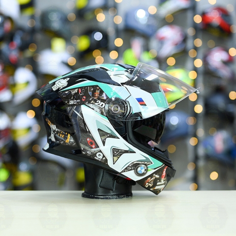 Mũ Fullface ROC R11 Pro Đen Bóng + Dán Tem Decal BMW HP4 Xanh Ngọc FREESHIP