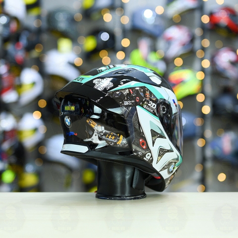 Mũ Fullface ROC R11 Pro Đen Bóng + Dán Tem Decal BMW HP4 Xanh Ngọc FREESHIP