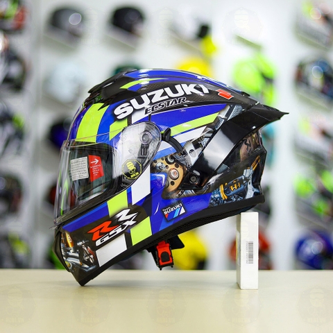 Full Combo Mũ EGO E81 Tem Decal SUZUKI GSX Xanh Vàng FREESHIP