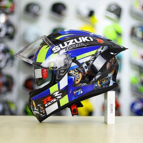 Full Combo Mũ EGO E81 Tem Decal SUZUKI GSX Xanh Vàng FREESHIP