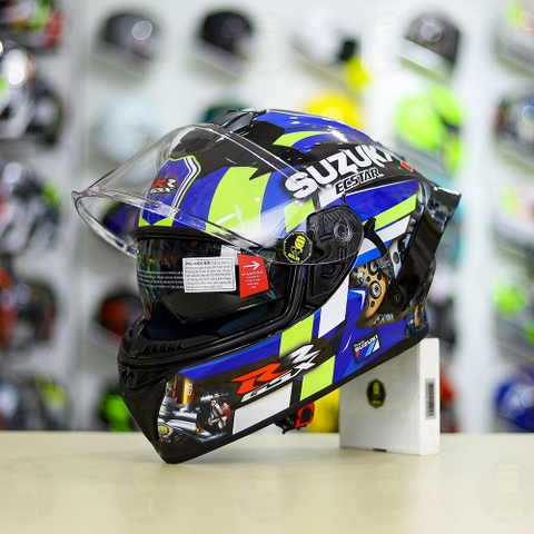 Full Combo Mũ EGO E81 Tem Decal SUZUKI GSX Xanh Vàng FREESHIP