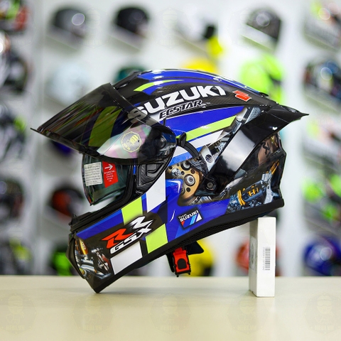 Full Combo Mũ EGO E81 Tem Decal SUZUKI GSX Xanh Vàng FREESHIP