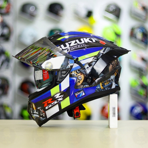 Full Combo Mũ EGO E81 Tem Decal SUZUKI GSX Xanh Vàng FREESHIP