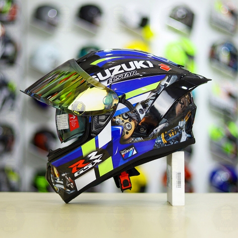 Full Combo Mũ EGO E81 Tem Decal SUZUKI GSX Xanh Vàng FREESHIP
