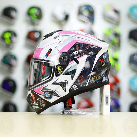 Mũ Fullface EGO E81 Trắng Bóng + Dán Tem Decal BMW HP4 Trắng Hồng FREESHIP