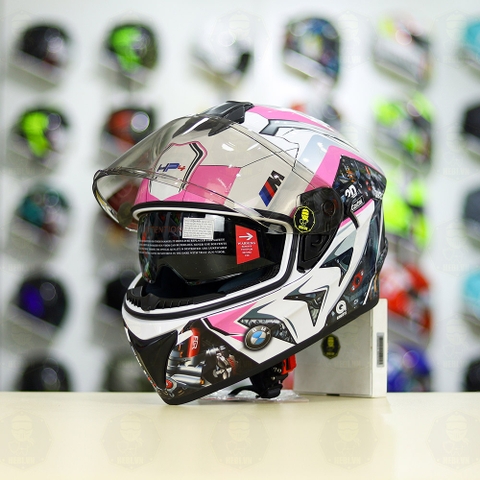Mũ Fullface EGO E81 Trắng Bóng + Dán Tem Decal BMW HP4 Trắng Hồng FREESHIP