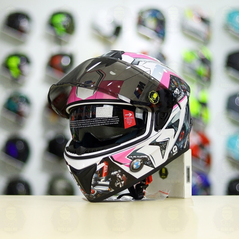 Mũ Fullface EGO E81 Trắng Bóng + Dán Tem Decal BMW HP4 Trắng Hồng FREESHIP