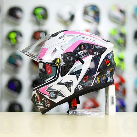 Mũ Fullface EGO E81 Trắng Bóng + Dán Tem Decal BMW HP4 Trắng Hồng FREESHIP