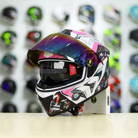 Mũ Fullface EGO E81 Trắng Bóng + Dán Tem Decal BMW HP4 Trắng Hồng FREESHIP