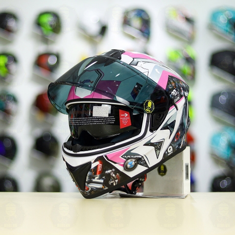 Mũ Fullface EGO E81 Trắng Bóng + Dán Tem Decal BMW HP4 Trắng Hồng FREESHIP