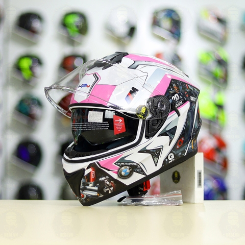 Mũ Fullface EGO E81 Trắng Bóng + Dán Tem Decal BMW HP4 Trắng Hồng FREESHIP