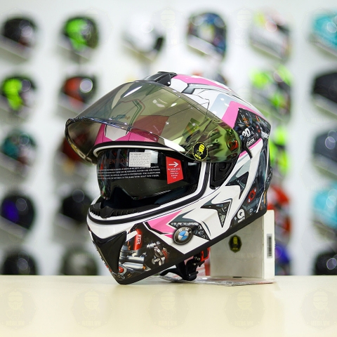 Mũ Fullface EGO E81 Trắng Bóng + Dán Tem Decal BMW HP4 Trắng Hồng FREESHIP