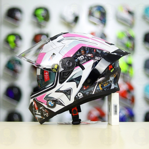 Mũ Fullface EGO E81 Trắng Bóng + Tem  BMW Trắng Hồng FREESHIP