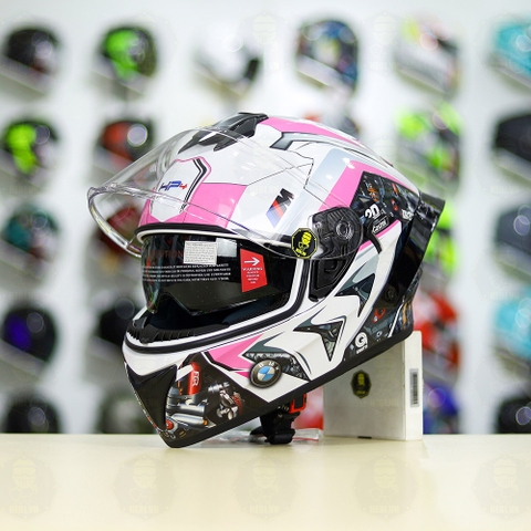 Mũ Fullface EGO E81 Trắng Bóng + Tem  BMW Trắng Hồng FREESHIP