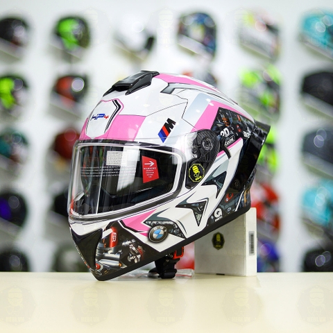 Mũ Fullface EGO E81 Trắng Bóng + Tem  BMW Trắng Hồng FREESHIP
