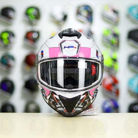 Mũ Fullface EGO E81 Trắng Bóng + Dán Tem Decal BMW HP4 Trắng Hồng FREESHIP