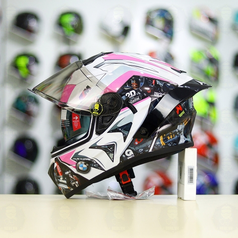 Mũ Fullface EGO E81 Trắng Bóng + Tem  BMW Trắng Hồng FREESHIP