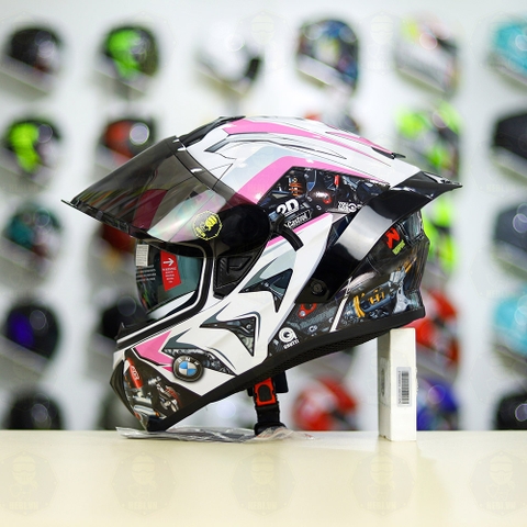 Mũ Fullface EGO E81 Trắng Bóng + Tem  BMW Trắng Hồng FREESHIP