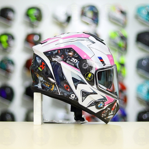 Mũ Fullface EGO E81 Trắng Bóng + Dán Tem Decal BMW HP4 Trắng Hồng FREESHIP