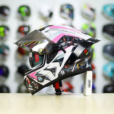 Mũ Fullface EGO E81 Trắng Bóng + Tem  BMW Trắng Hồng FREESHIP