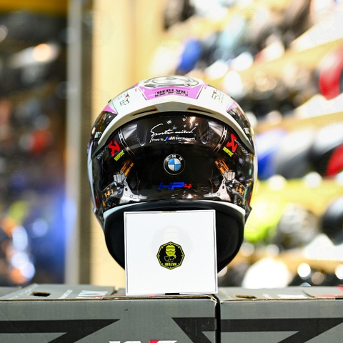 Mũ Fullface KYT TT Course Trắng Bóng Dán Tem BMW Trắng Hồng Freeship