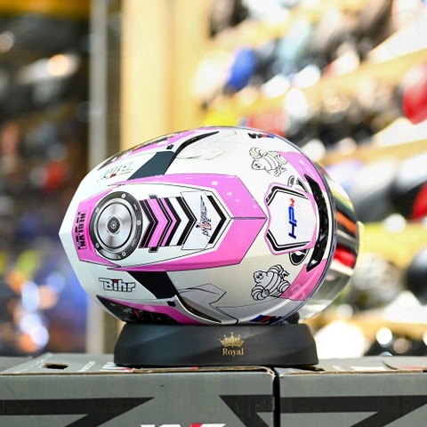 Mũ Fullface KYT TT Course Trắng Bóng Dán Tem BMW Trắng Hồng Freeship