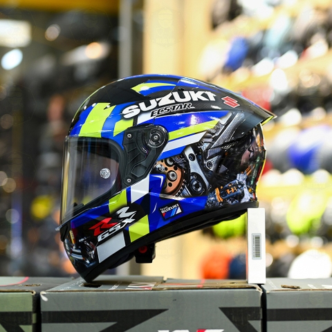 Mũ Fullface KYT TT Course Đen Bóng Dán Tem Suzuki GSX xanh