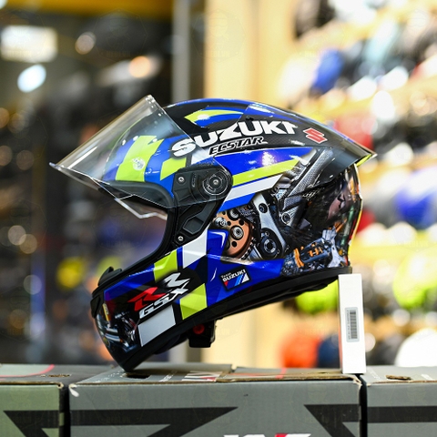 Mũ Fullface KYT TT Course Đen Bóng Dán Tem Suzuki GSX xanh