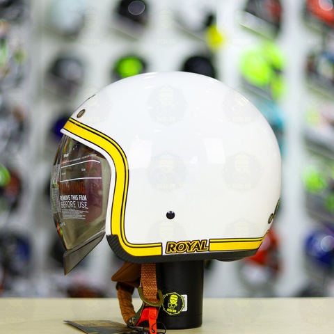 Mũ 3/4 Royal M139 V10 Trắng Viền Vàng Bóng FREESHIP