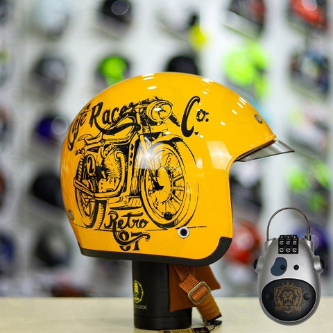 Combo Mũ 3/4 ROYAL M139 V7 Vàng Tem Bóng Độ Khóa Chống Trộm