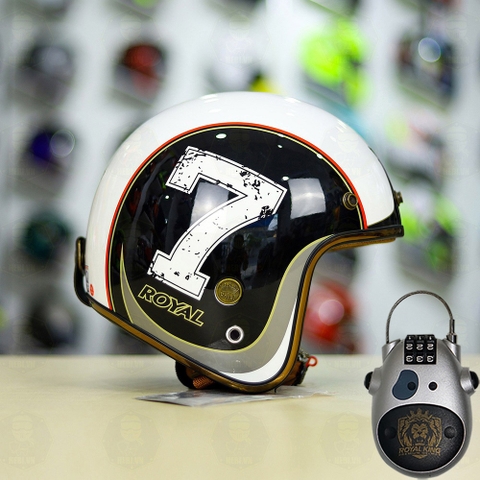 Combo Mũ 3/4 ROYAL M20c Số 7 Đen Trắng Độ Khóa Chống Trộm