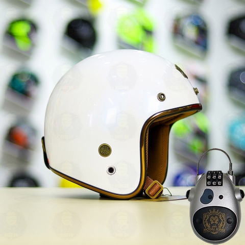 Combo Mũ 3/4 ROYAL M20c Trắng Bóng Độ Khóa Chống Trộm