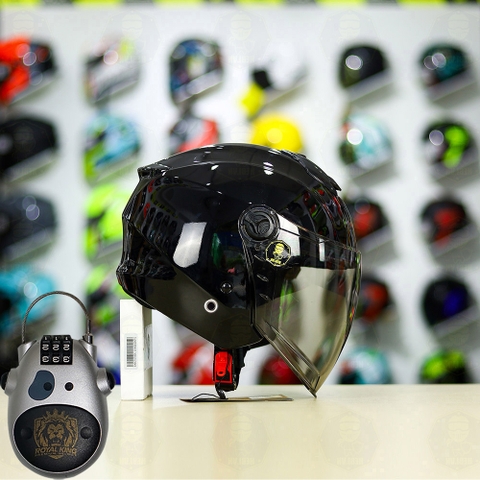 Combo Mũ 3/4 ROYAL XH01 Đen Bóng Độ Khóa Chống Trộm