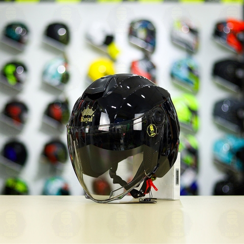 Combo Mũ 3/4 ROYAL XH01 Đen Bóng Độ Khóa Chống Trộm