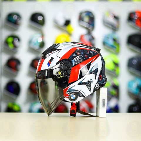 Mũ 3/4 Royal XH01 Đen Bóng + Dán Tem Decal BMW HP4 Trắng Đỏ FREESHIP