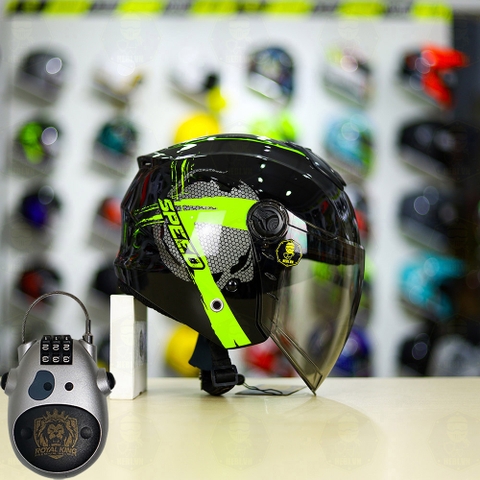 Combo Mũ 3/4 ROYAL XH01 SPEED Đen Xanh Bóng Độ Khóa Chống Trộm