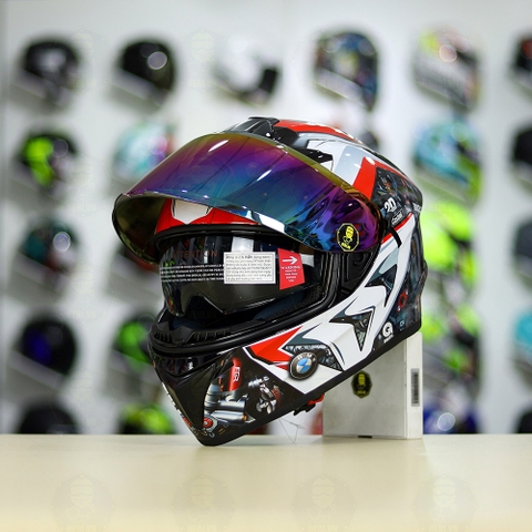 Mũ Fullface EGO E81 Đen Bóng + Dán Tem Decal BMW HP4 Đỏ FREESHIP