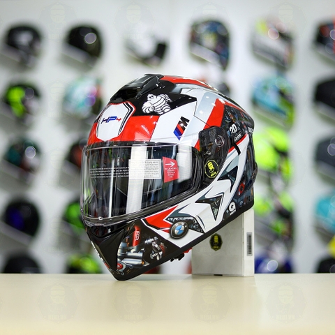 Mũ Fullface EGO E81 Đen Bóng + Dán Tem Decal BMW HP4 Đỏ FREESHIP