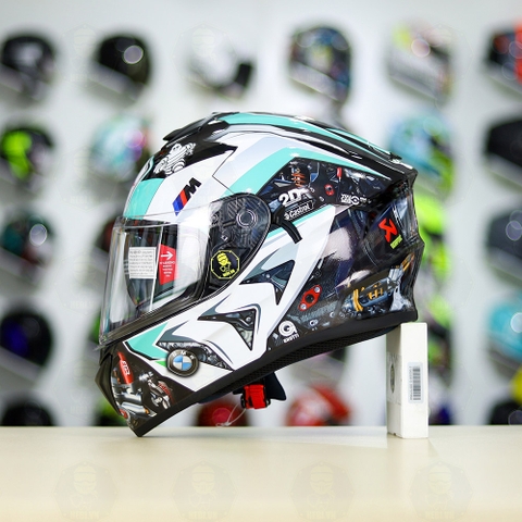 Mũ EGO E81 Đen Bóng + Dán Tem Decal BMW HP4 Trắng Xanh Ngọc FREESHIP