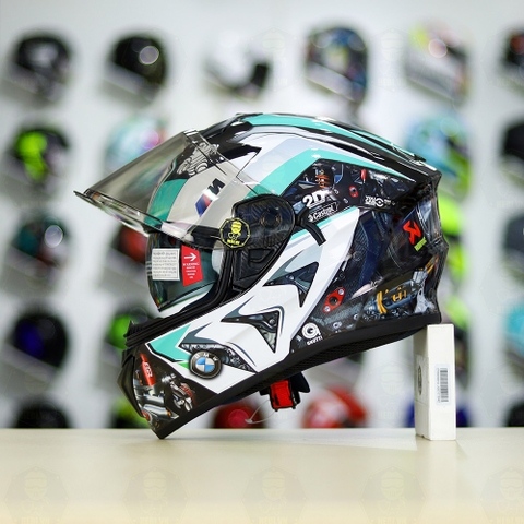 Mũ EGO E81 Đen Bóng + Dán Tem Decal BMW HP4 Trắng Xanh Ngọc FREESHIP