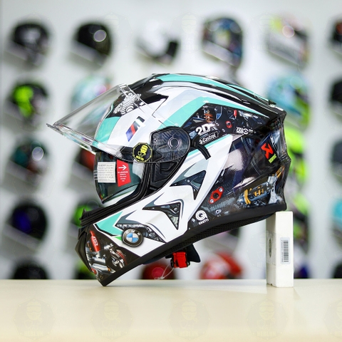 Mũ EGO E81 Đen Bóng + Dán Tem Decal BMW HP4 Trắng Xanh Ngọc FREESHIP