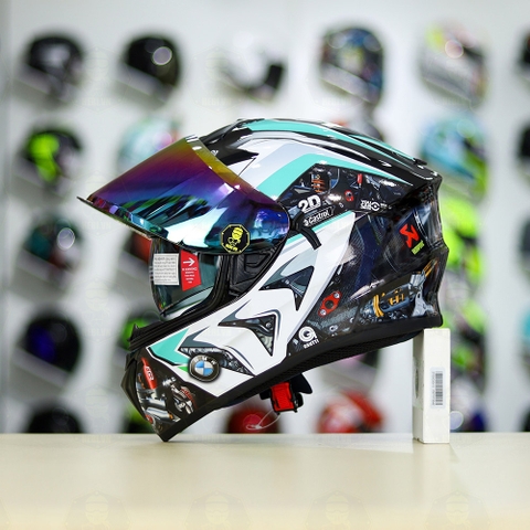 Mũ EGO E81 Đen Bóng + Dán Tem Decal BMW HP4 Trắng Xanh Ngọc FREESHIP