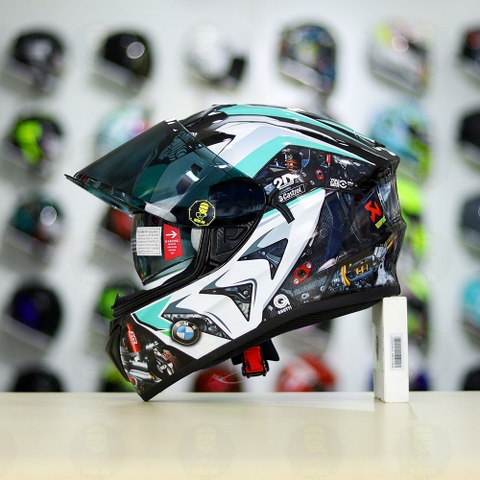 Mũ EGO E81 Đen Bóng + Dán Tem Decal BMW HP4 Trắng Xanh Ngọc FREESHIP