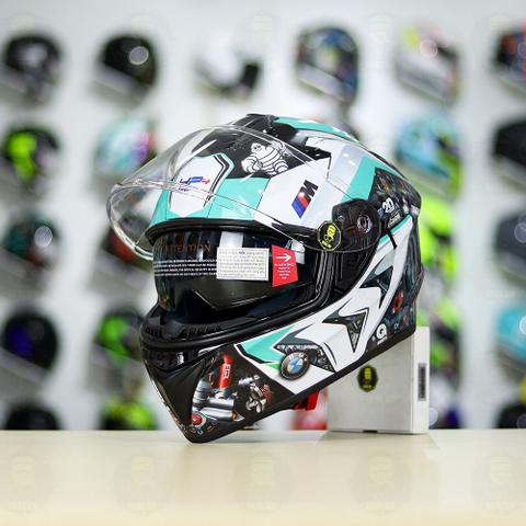 Mũ EGO E81 Đen Bóng + Dán Tem Decal BMW HP4 Trắng Xanh Ngọc FREESHIP